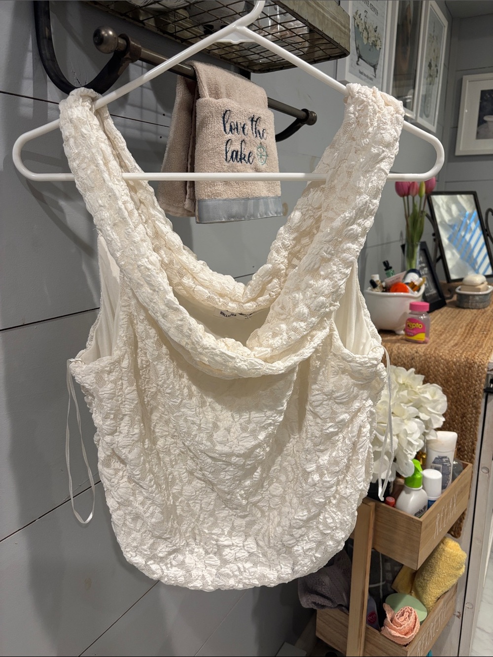 Hollister Cream Floral-Textured Cowl Neck top